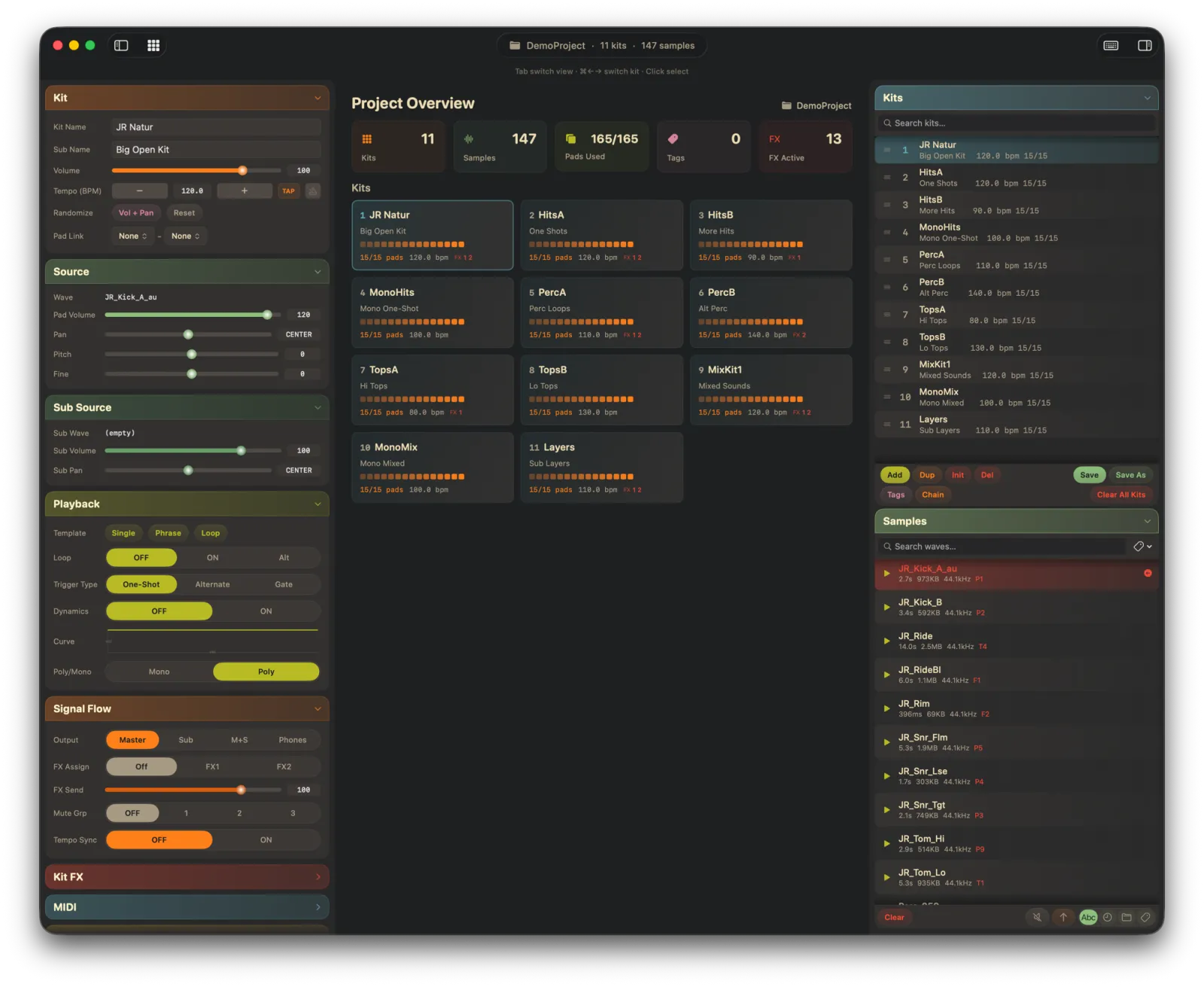 SPD-SX Editor — project overview with all kits